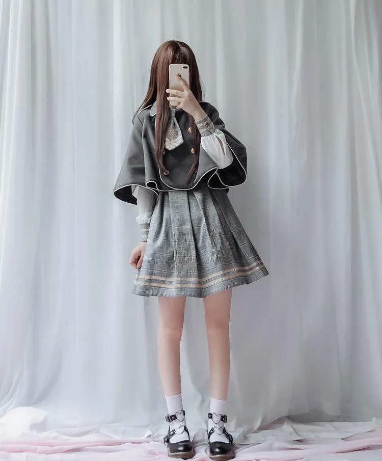 Detective Academy Embroidered Plaid Dress   Woolen Cloak SD00372