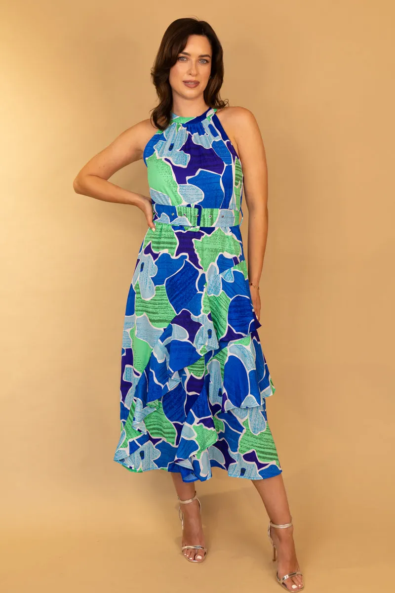 Elaine Blue & Green Belted Halterneck Dress
