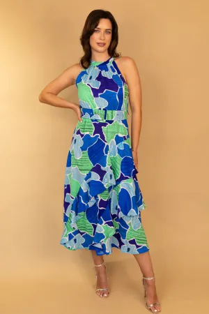 Elaine Blue & Green Belted Halterneck Dress