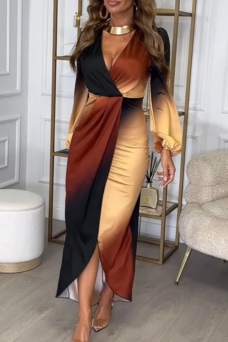 Elegant Gradient Color Irregular Contrast V Neck One Step Skirt Dresses