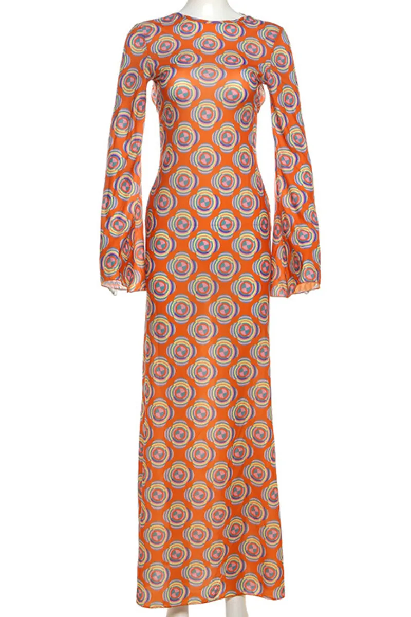 Elegant Print Patchwork Backless O Neck Long Dresses