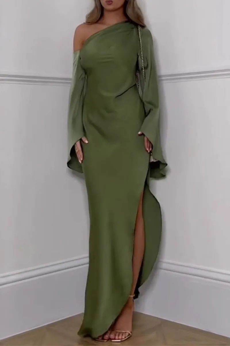 Elegant Slit Irregular Sloping Shoulder Long Dresses