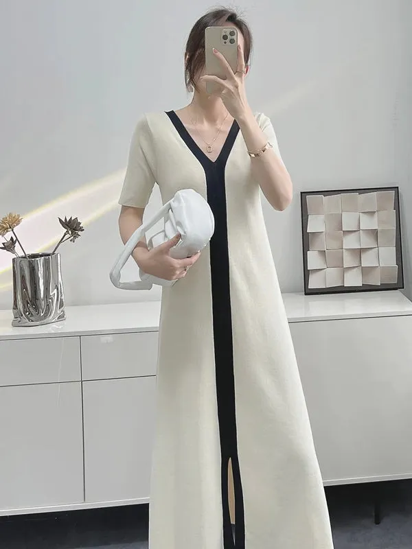 Elegant Vintage Short Sleeve Knitted Slim Maxi Dresses