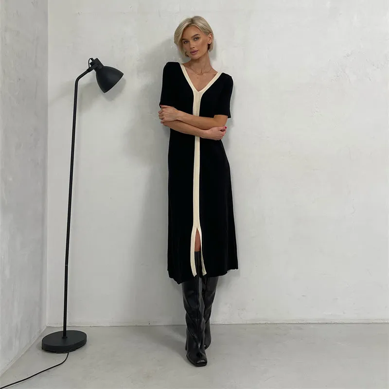 Elegant Vintage Short Sleeve Knitted Slim Maxi Dresses