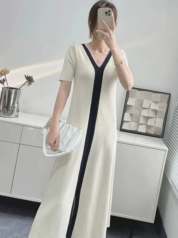 Elegant Vintage Short Sleeve Knitted Slim Maxi Dresses