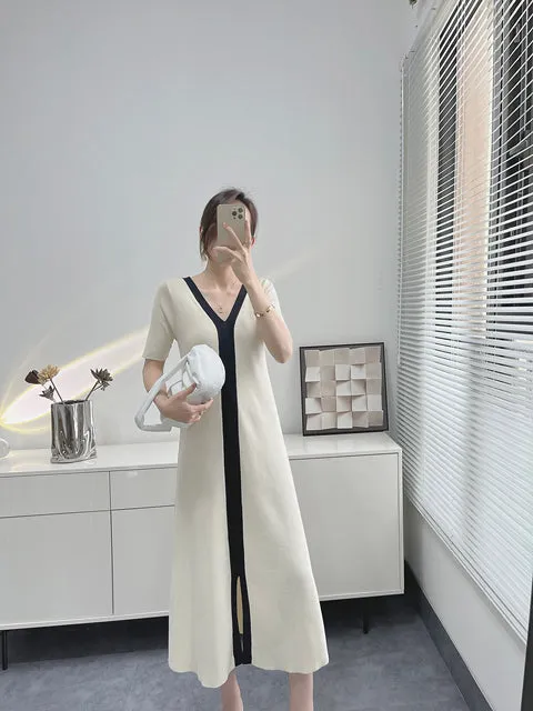 Elegant Vintage Short Sleeve Knitted Slim Maxi Dresses