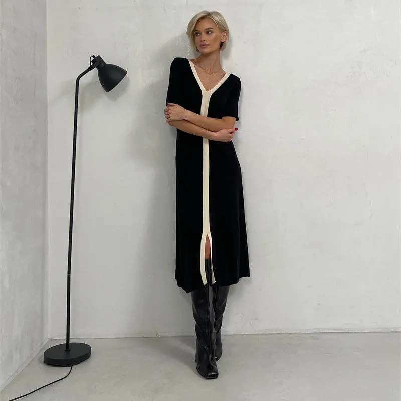 Elegant Vintage Short Sleeve Knitted Slim Maxi Dresses