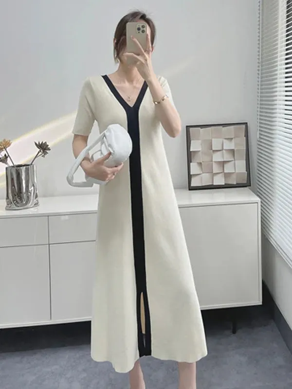 Elegant Vintage Short Sleeve Knitted Slim Maxi Dresses