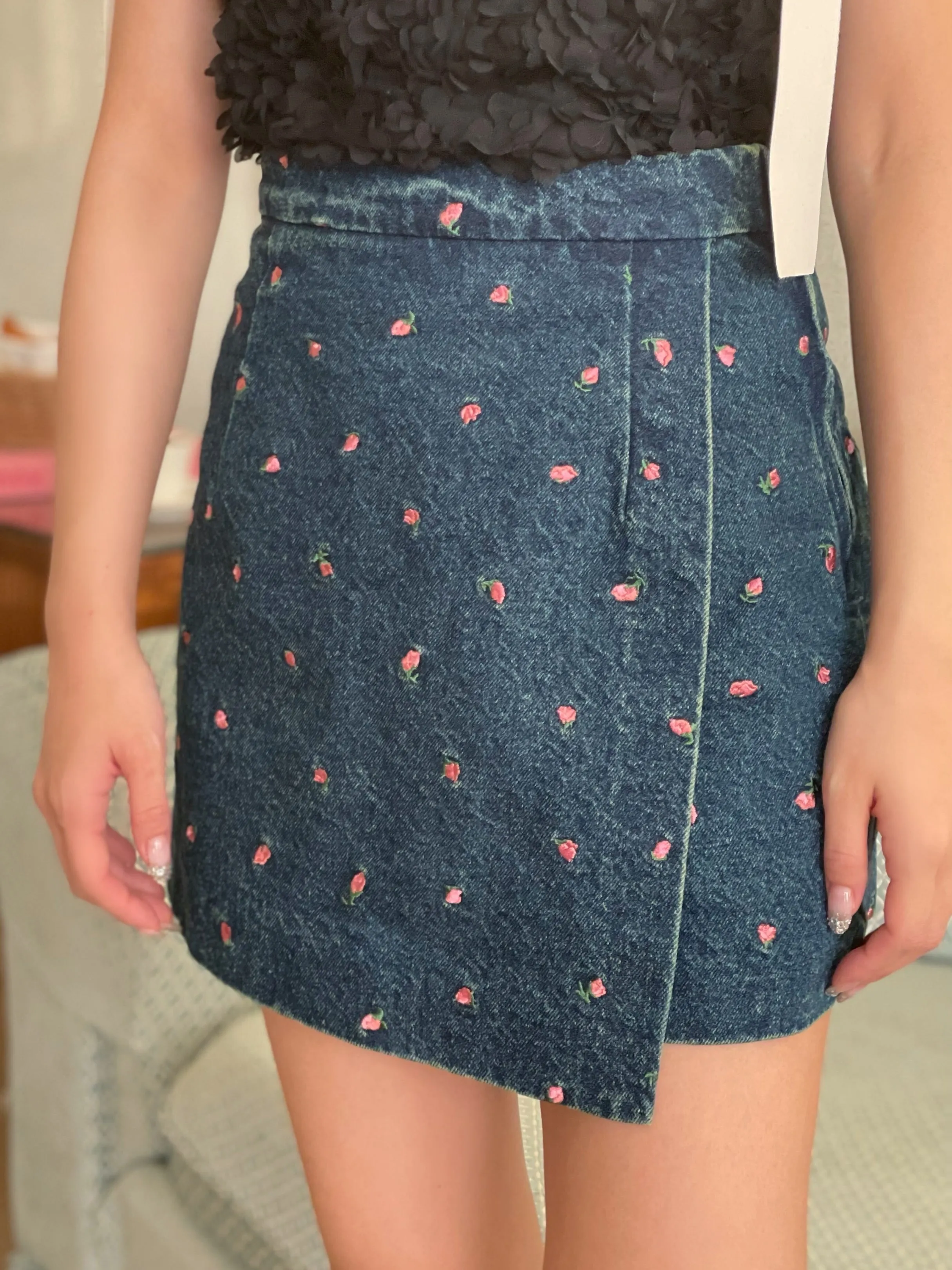 Embroidery Flower denim culottes - INDIGO