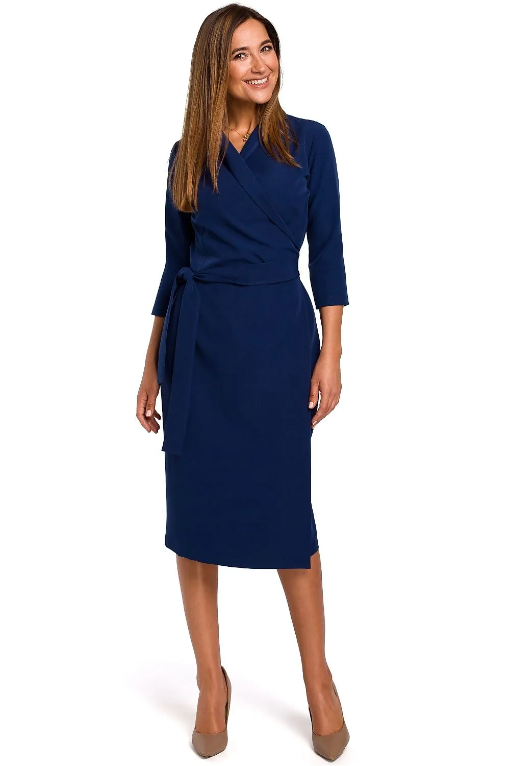 Envelope Neckline Belted Midi Dress