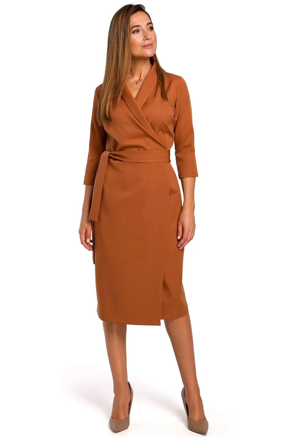 Envelope Neckline Belted Midi Dress