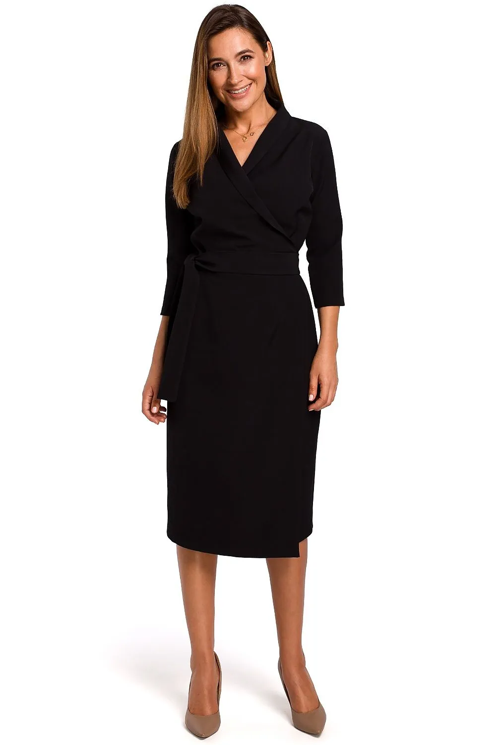 Envelope Neckline Belted Midi Dress