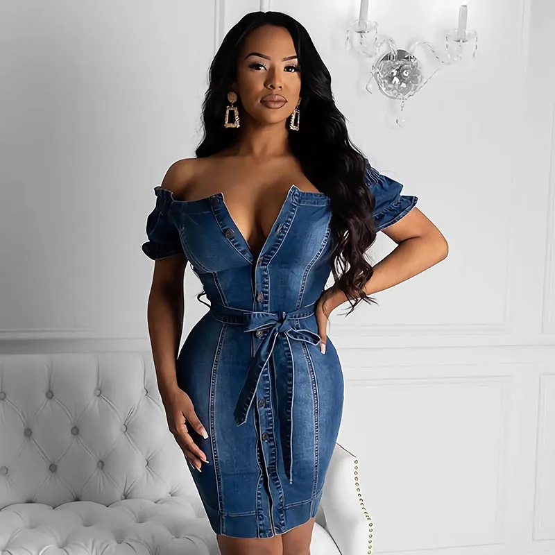 Esme Off-Shoulder Belted Button-Down Denim Bodycon Dress