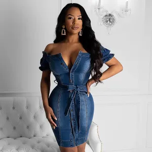 Esme Off-Shoulder Belted Button-Down Denim Bodycon Dress