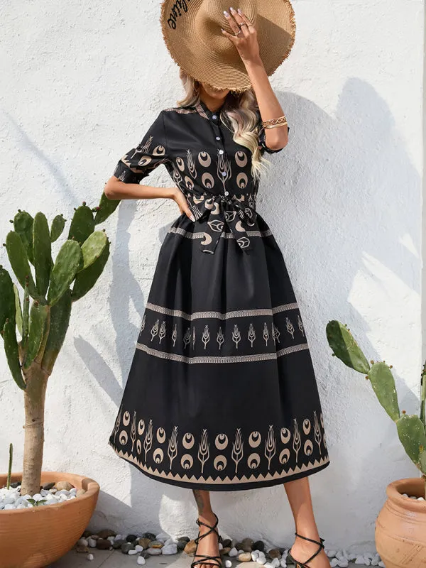 Ethnic Print Midi Dress with Belted Waist and Button-Up Front