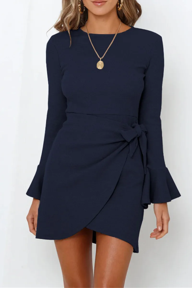 Fashion Solid Bandage O Neck Irregular Dress Dresses(6 Colors)