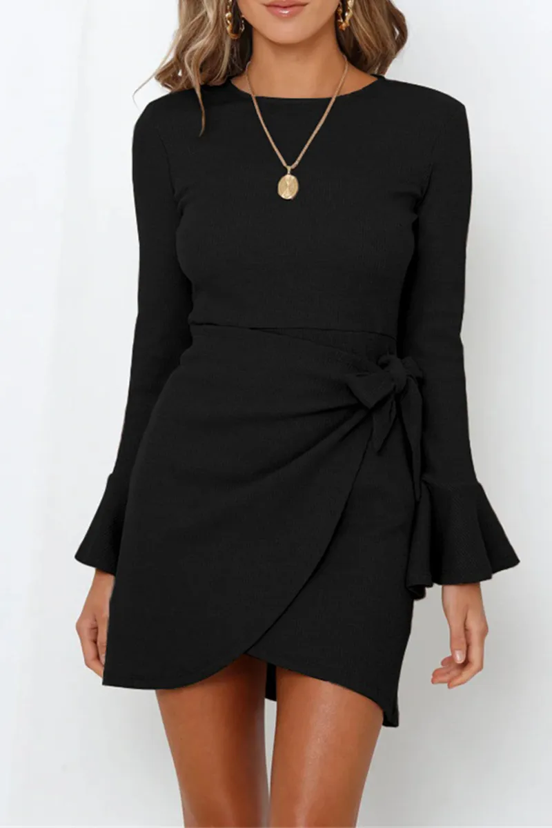 Fashion Solid Bandage O Neck Irregular Dress Dresses(6 Colors)