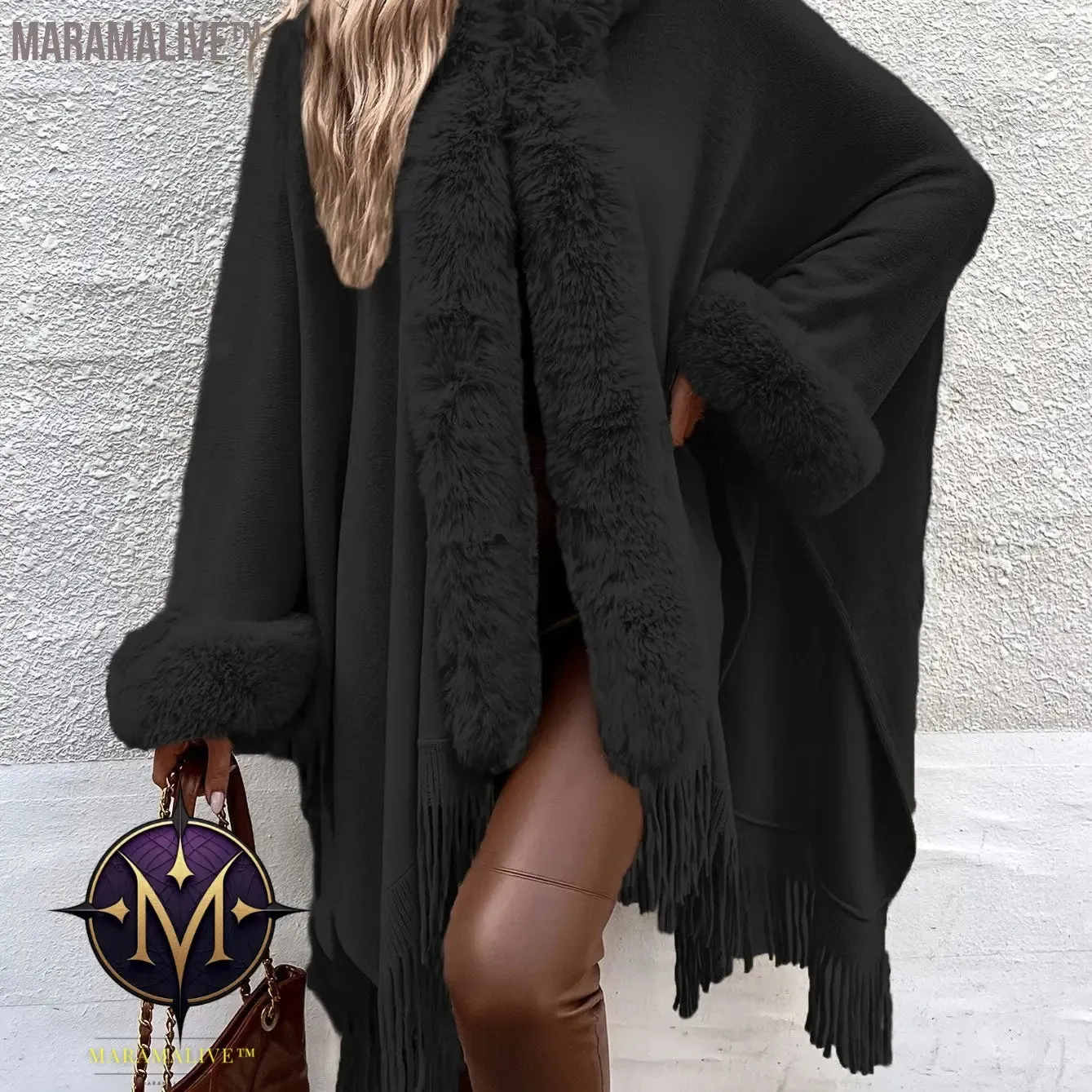 Faux Fur Trim Fringe Hem Cape, Thermal Open Front Cape Cardigan, Women's Clothing