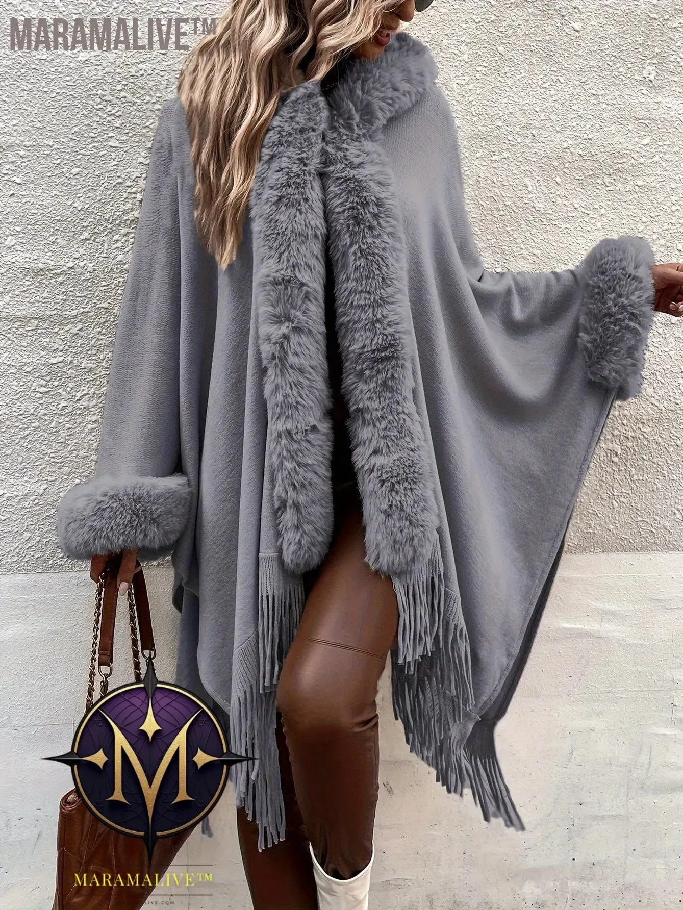Faux Fur Trim Fringe Hem Cape, Thermal Open Front Cape Cardigan, Women's Clothing