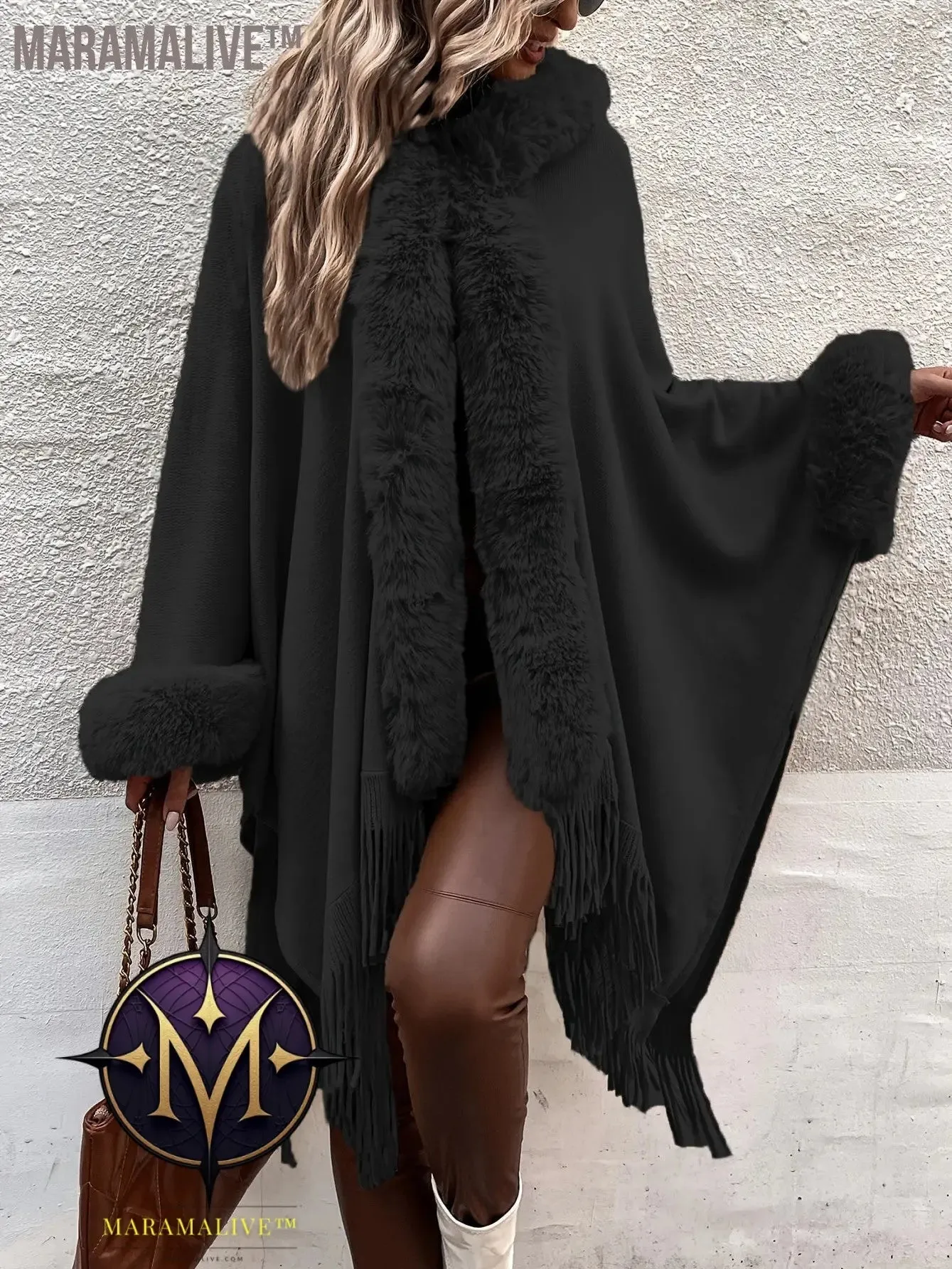 Faux Fur Trim Fringe Hem Cape, Thermal Open Front Cape Cardigan, Women's Clothing