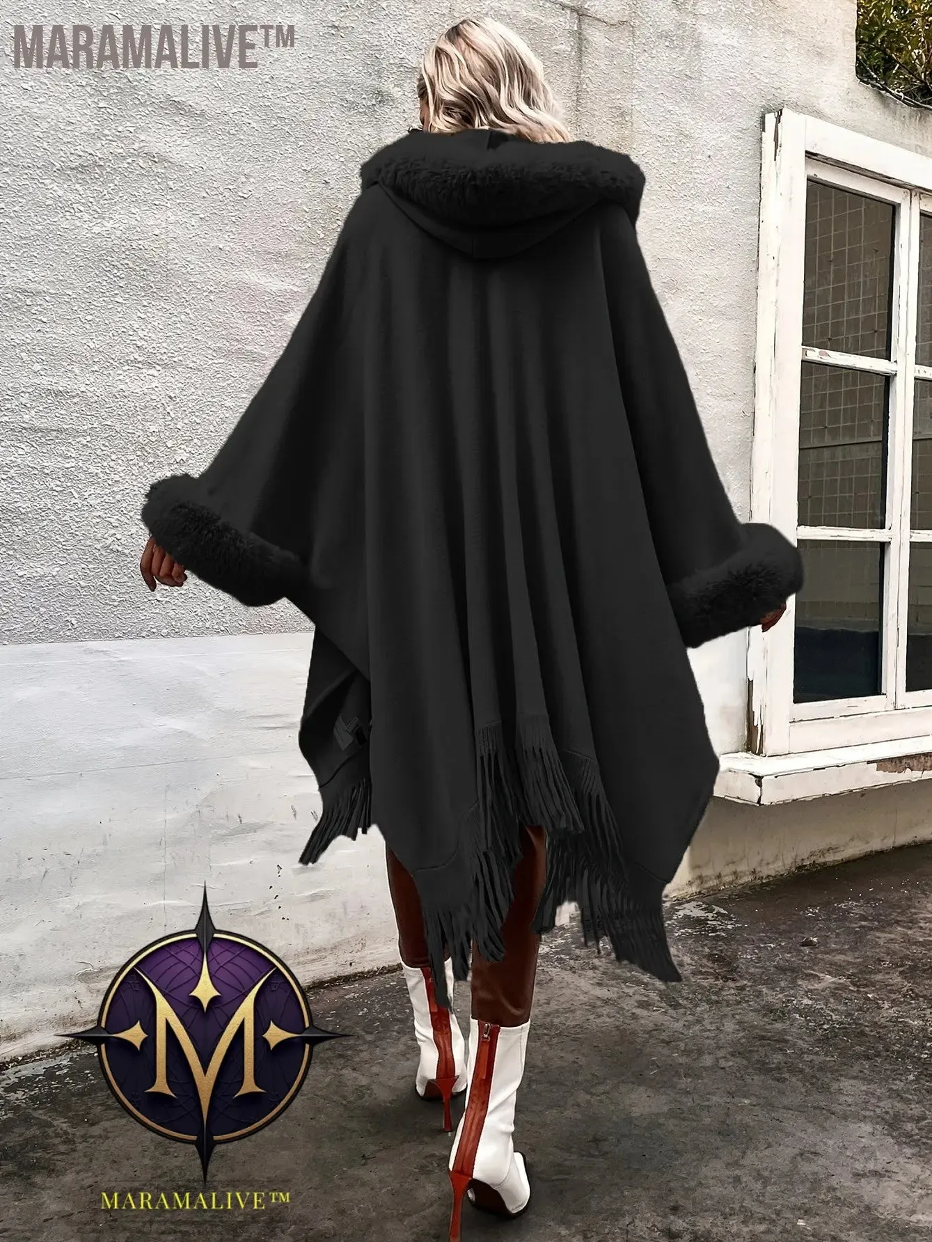Faux Fur Trim Fringe Hem Cape, Thermal Open Front Cape Cardigan, Women's Clothing