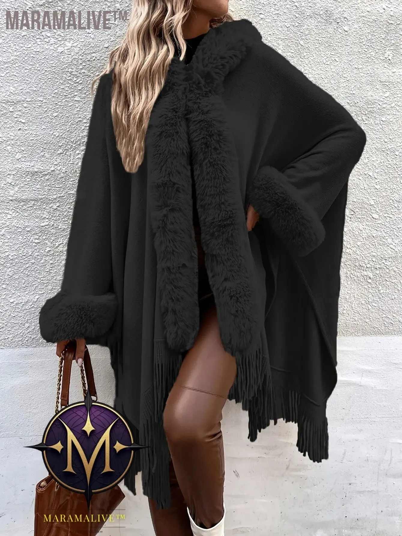 Faux Fur Trim Fringe Hem Cape, Thermal Open Front Cape Cardigan, Women's Clothing