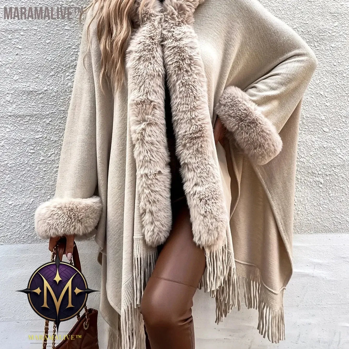 Faux Fur Trim Fringe Hem Cape, Thermal Open Front Cape Cardigan, Women's Clothing