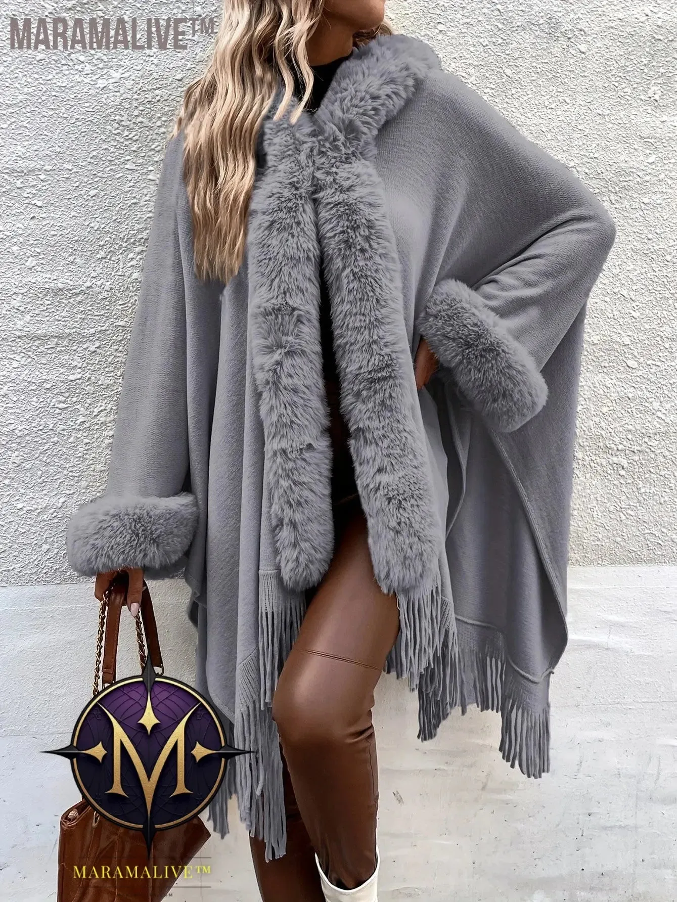 Faux Fur Trim Fringe Hem Cape, Thermal Open Front Cape Cardigan, Women's Clothing
