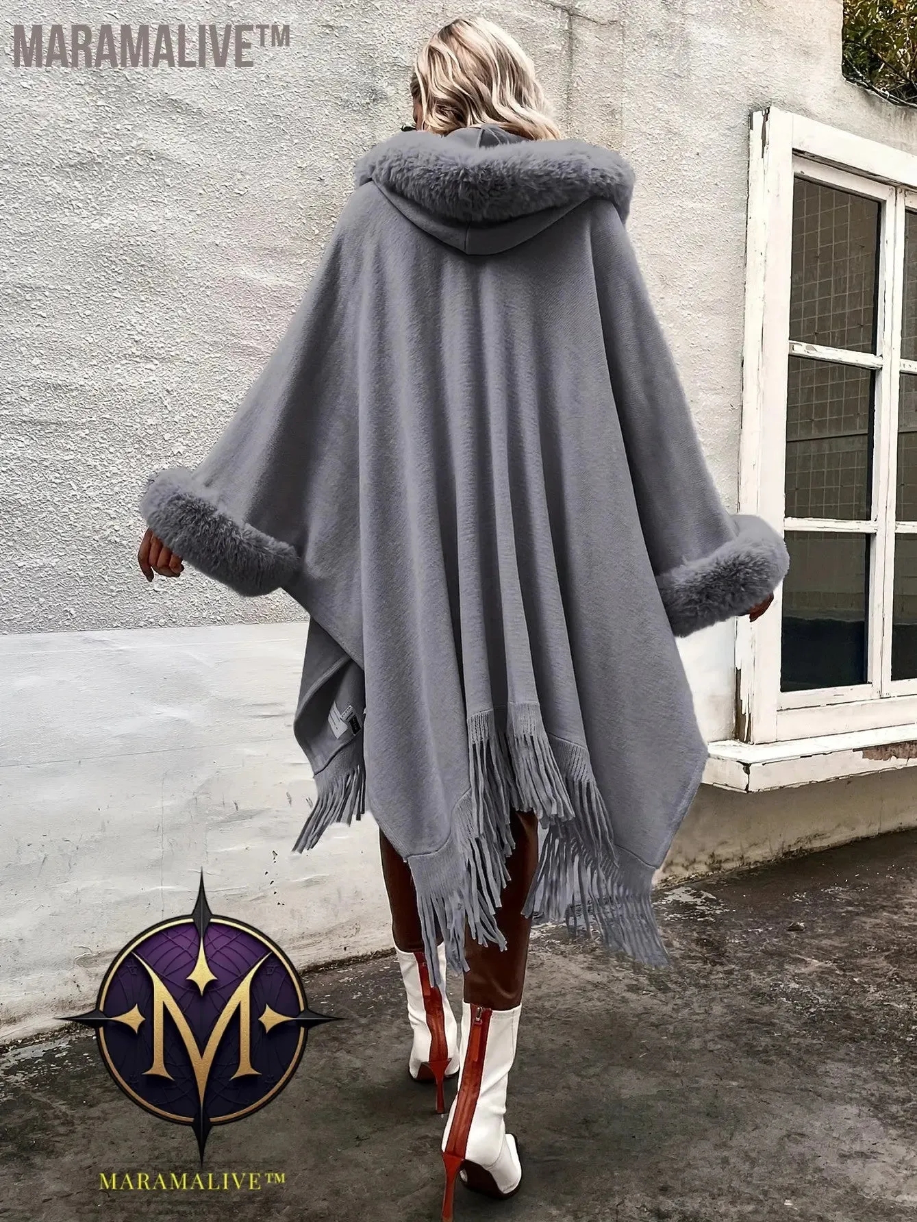 Faux Fur Trim Fringe Hem Cape, Thermal Open Front Cape Cardigan, Women's Clothing
