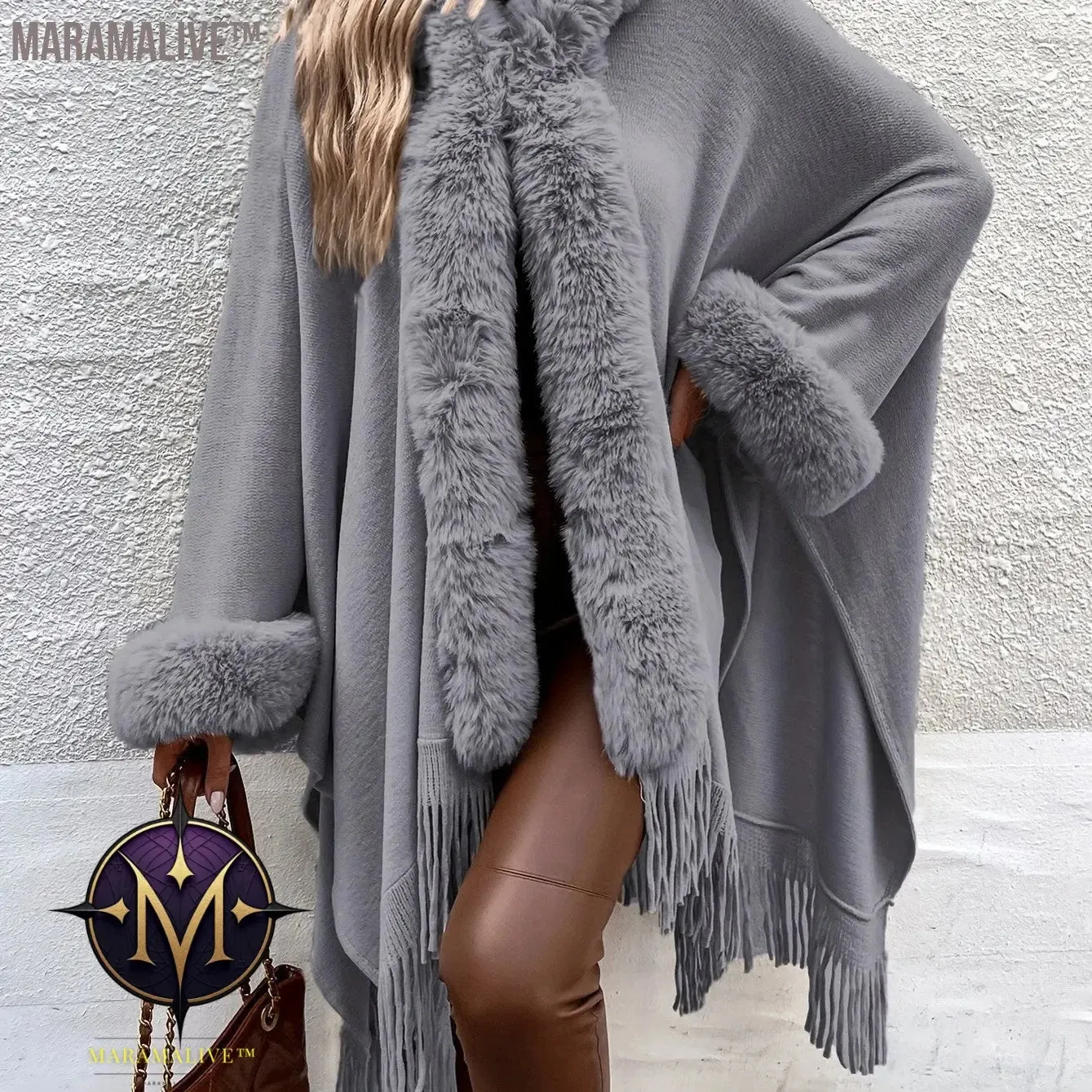 Faux Fur Trim Fringe Hem Cape, Thermal Open Front Cape Cardigan, Women's Clothing
