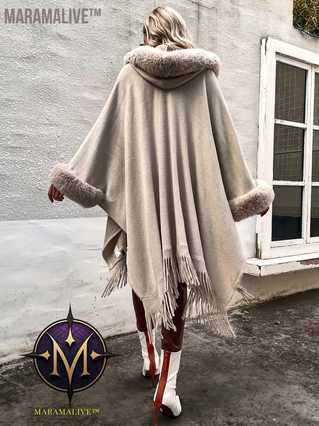 Faux Fur Trim Fringe Hem Cape, Thermal Open Front Cape Cardigan, Women's Clothing