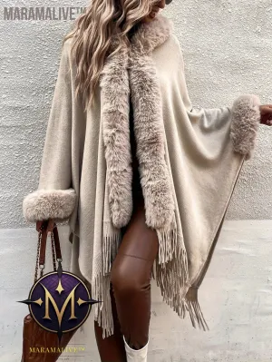 Faux Fur Trim Fringe Hem Cape, Thermal Open Front Cape Cardigan, Women's Clothing