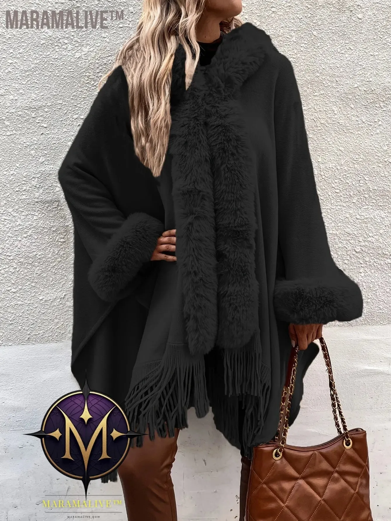 Faux Fur Trim Fringe Hem Cape, Thermal Open Front Cape Cardigan, Women's Clothing