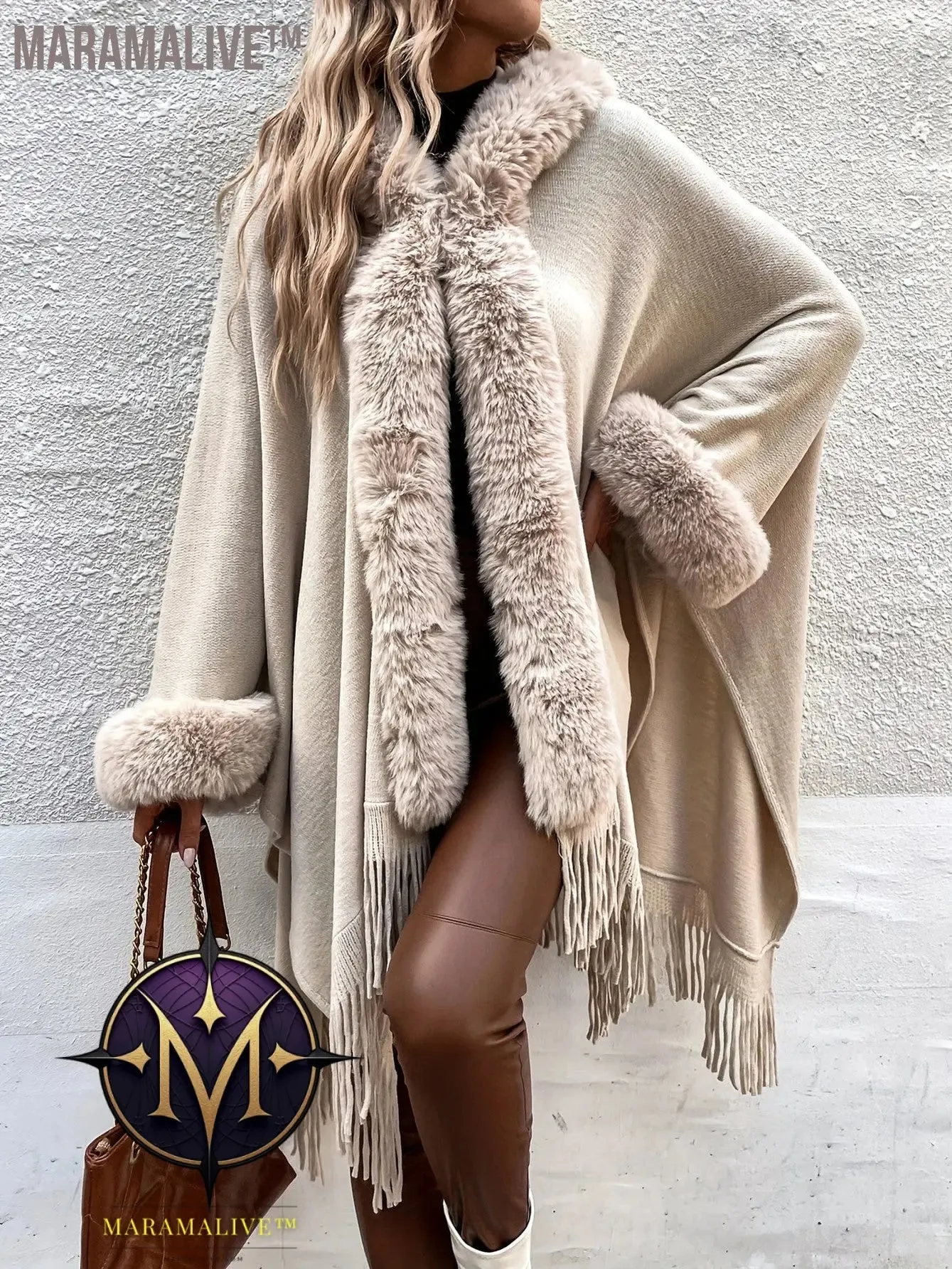 Faux Fur Trim Fringe Hem Cape, Thermal Open Front Cape Cardigan, Women's Clothing
