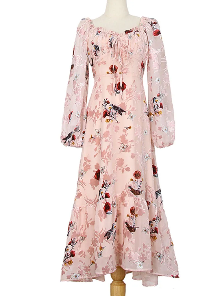 Floral Flocking Rose Chiffon Dress Long Sleeve Vintage Dress