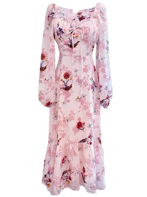 Floral Flocking Rose Chiffon Dress Long Sleeve Vintage Dress