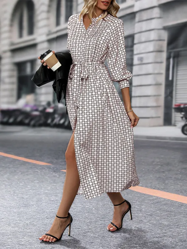 Floral Pattern Midi Shirt Dress with Belted Waist