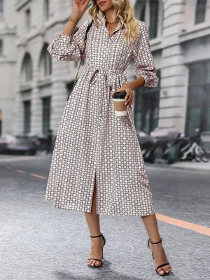 Floral Pattern Midi Shirt Dress with Belted Waist