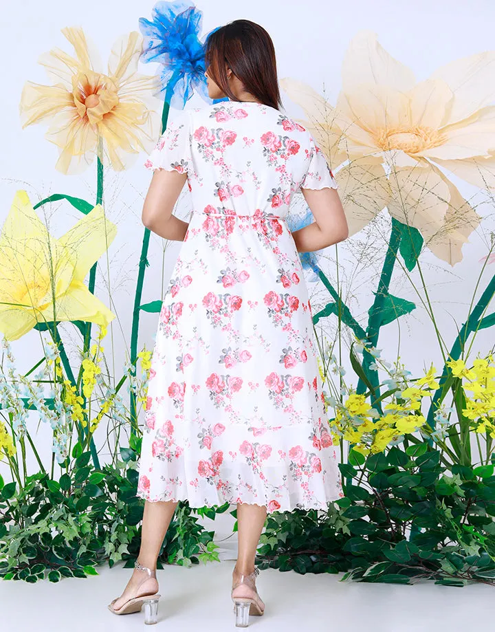 Floral Print Belted Code Wrap Dress