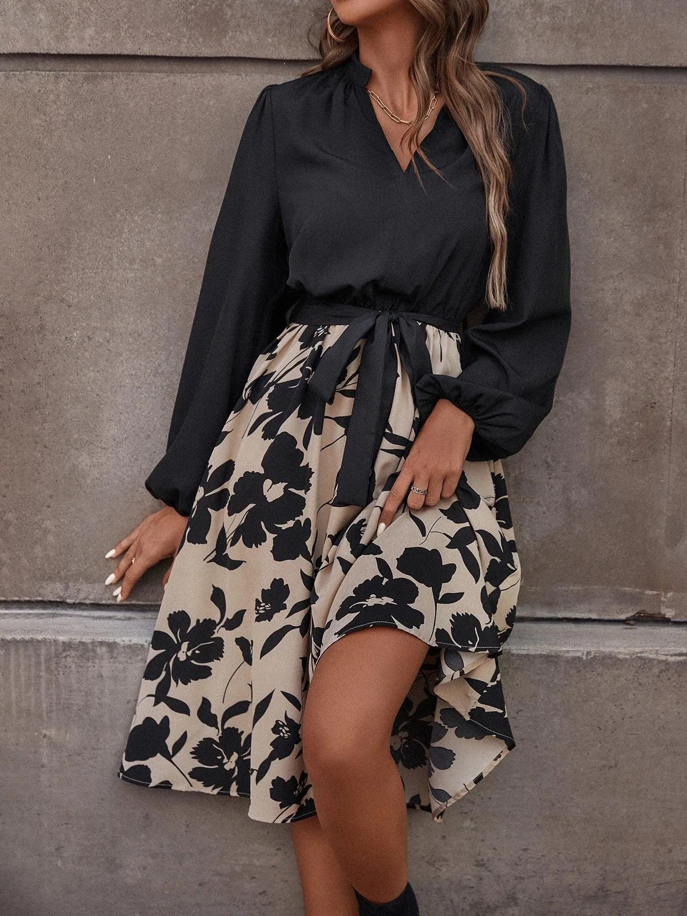 Floral Print Lantern Sleeve Belted Dress