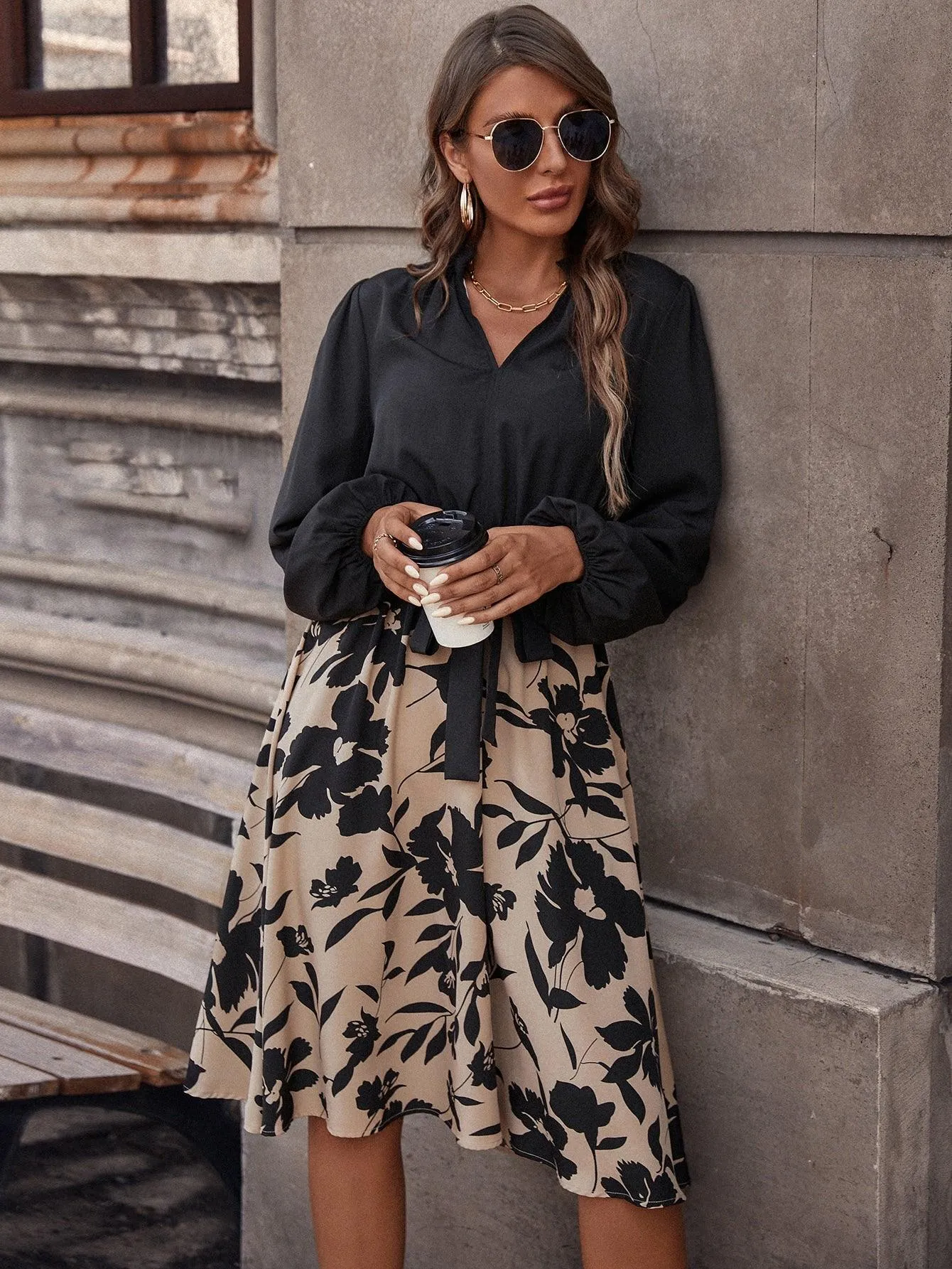 Floral Print Lantern Sleeve Belted Dress