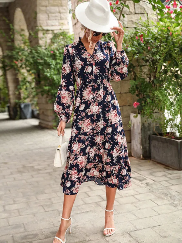 Floral Print Midi Dress with High Slit and Belted Waist