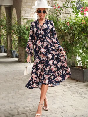Floral Print Midi Dress with High Slit and Belted Waist