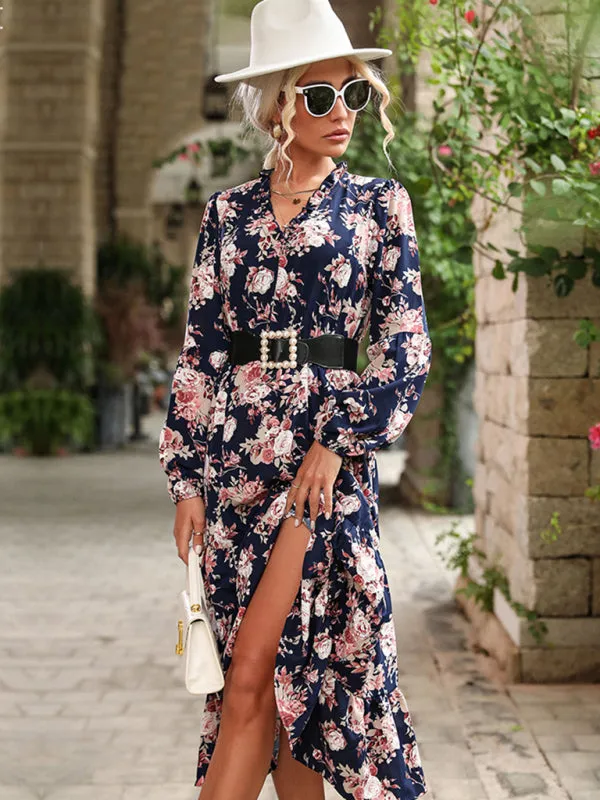 Floral Print Midi Dress with High Slit and Belted Waist