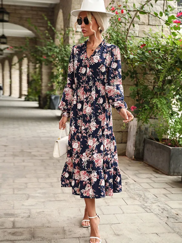 Floral Print Midi Dress with High Slit and Belted Waist