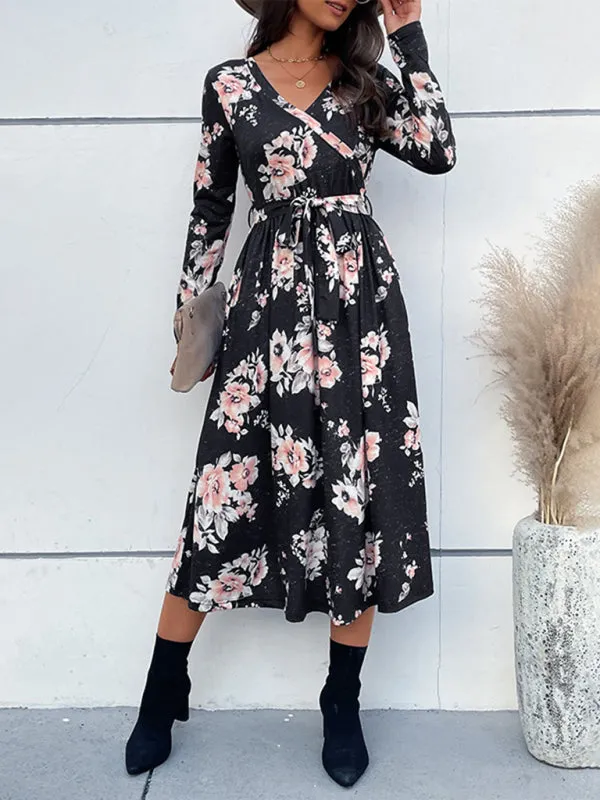 Floral Print V-neck Mid-length Dress with Belted Waist