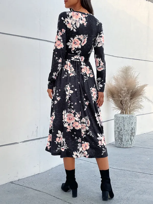 Floral Print V-neck Mid-length Dress with Belted Waist
