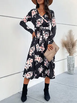 Floral Print V-neck Mid-length Dress with Belted Waist