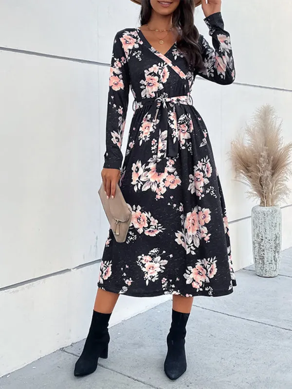 Floral Print V-neck Mid-length Dress with Belted Waist