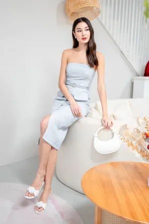 FLORET TWEED BELTED TUBE MIDI IN BLUE